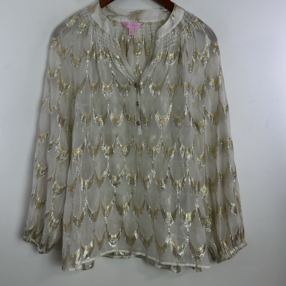 Lilly Pulitzer ELSA TOP Cameo White Gold & Silver Silk Jacquard Semi Sheer S
